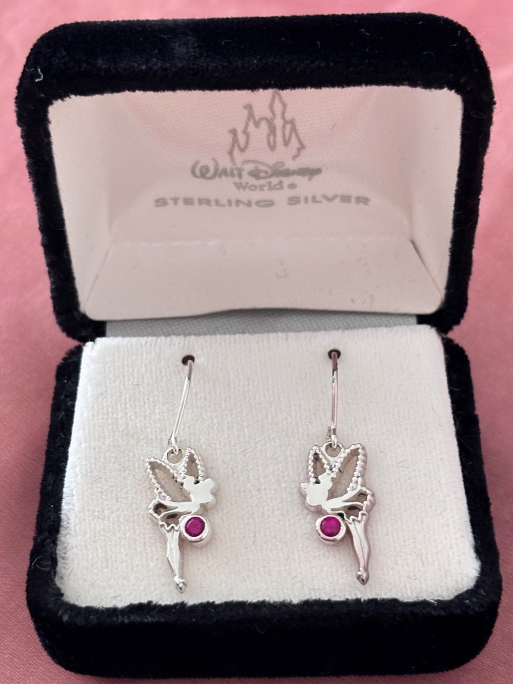 Disney Sterling Silver Tinker Bell Earrings with Pink gem Stones
